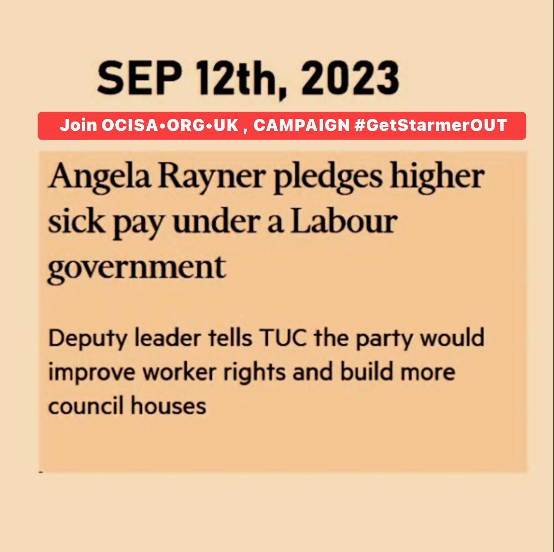 OcisaCorbyn's tweet photo. @seicilop ❌⚠️Only 3 days ago ⚠️❌
#AngelaRayner promised the #TUC conference that Labour would raise sick pay.

Today, #LabourList reports that #Labour has in fact entirely abandoned its #pledge to raise #SickPay https://t.co/T02XZOMGwN