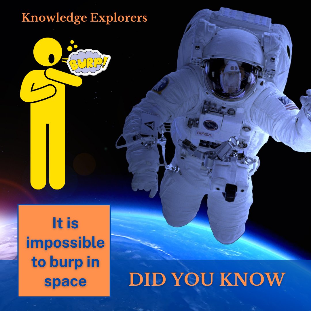 KnowledgeExp1's tweet image. 🚀🌌 Fun space fact: The vacuum of space makes it impossible to burp! Join us at Knowledge Explorers as we unravel the mysteries of the universe and share intriguing cosmic curiosities. 🌠📚 #SpaceTrivia #FunFacts #KnowledgeExplorers #CosmicCuriosities