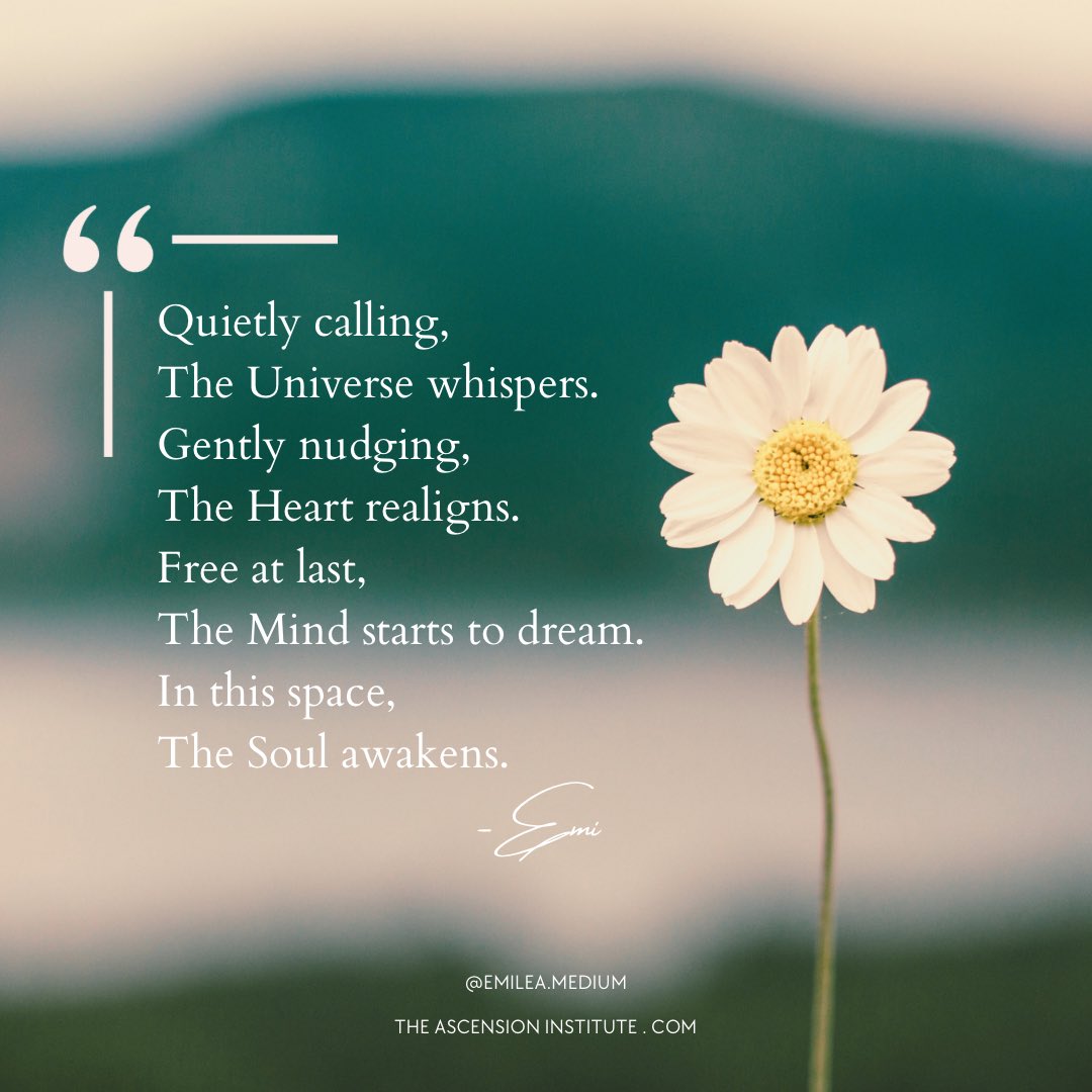 ascension_inst's tweet photo. Quietly calling, The Universe whispers.
Gently nudging, The Heart realigns. 
Free at last, The Mind starts to dream.
In this space, The Soul awakens. 

Be 🤍.

#positiveaffirmations #positivevibes #emileamedium #medium #newearth #ascension #raiseyourvibration #beauthenticallyyou https://t.co/YpZR3qfeTt