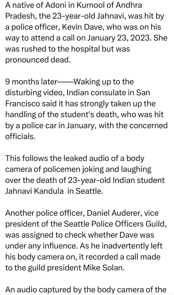 ABRAPOLU's tweet photo. Indian #LimitedValue
TragicCollapse of #JaahnaviKandula
In January at Seattle, US & arrogant interaction of PoliceOfficials reminded GraveAttitude & shaking us now.
Appeal @KamalaHarris, as @VP you are hope of world. Like your mother, this girl came. ExpectJustice from your act https://t.co/DkOxy2POf0