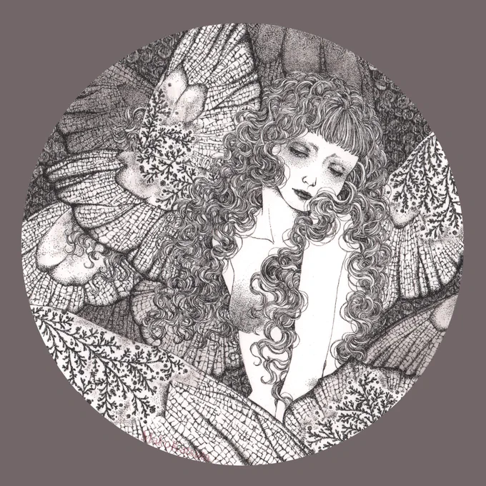 鉱物のインクルージョンのようなこたちFANTASY 130x130mm / pen, sumi, paper#ペン画 #丸ペン #illusrtationart #少女採集 