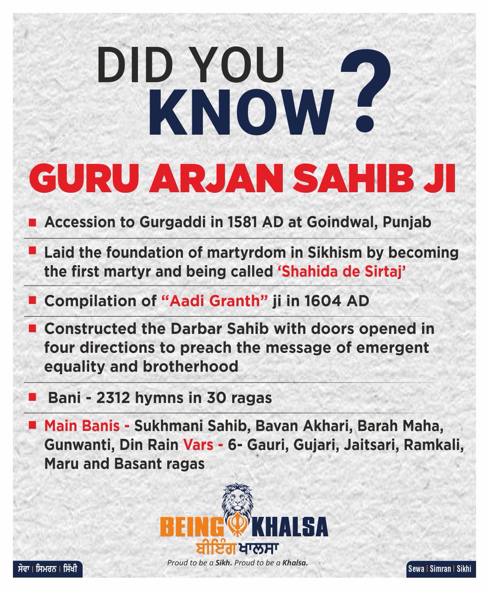 'ਸ਼ਹੀਦਾਂ ਦੇ ਸਿਰਤਾਜ', ਪੰਜਵੇਂ ਪਾਤਸ਼ਾਹ ਸ੍ਰੀ ਗੁਰੂ ਅਰਜਨ ਸਾਹਿਬ ਜੀ ਦੇ ਗੁਰਗੱਦੀ ਦਿਵਸ ਦੀ ਸਾਰੀ ਸੰਗਤ ਨੂੰ ਲੱਖ-ਲੱਖ ਵਧਾਈ।

Greetings to all sadh sangat on Gurgaddi diwas of Sri Guru Arjan Sahib ji 

#ਸ੍ਰੀਗੁਰੂਅਰਜਨਦੇਵਜੀ #ਗੁਰਿਆਈਦਿਵਸ #SriGuruArjanDevJi #GurushipDay #Sikhs
