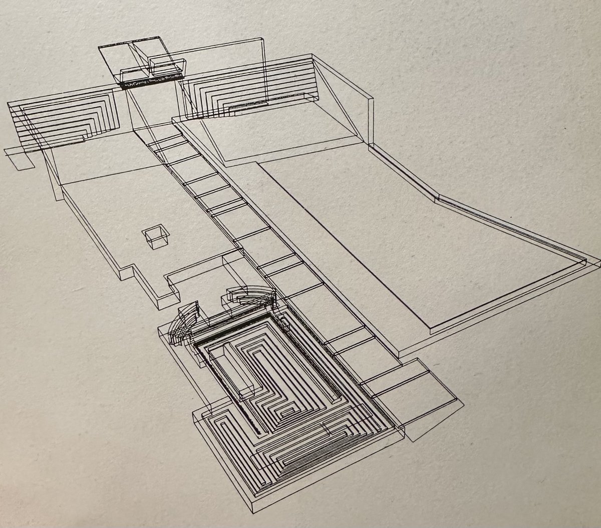 Scarpa IUAV entry. Portico laid flat and terraced down into asymmetric pool.