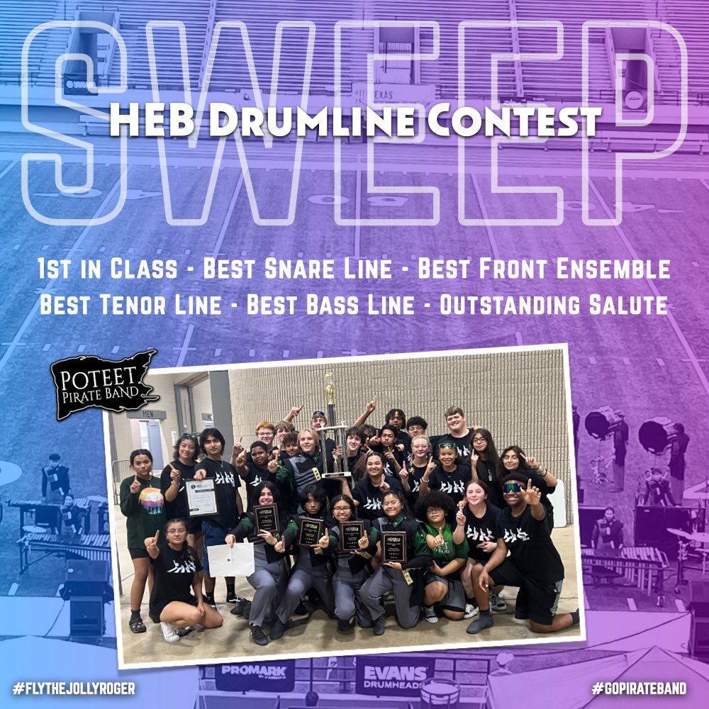GoPirateBand's tweet photo. Kicking off contest season strong! ๐ช๐ฝ๐ช๐ฝ๐ช๐ฝCongrats to the Poteet Drumline on a great performance today at the HEB Drumline Contest!
#gopirateband #peacebypiece23 #eyeswithpride #performanceofpride https://t.co/gt5bMINYpS
