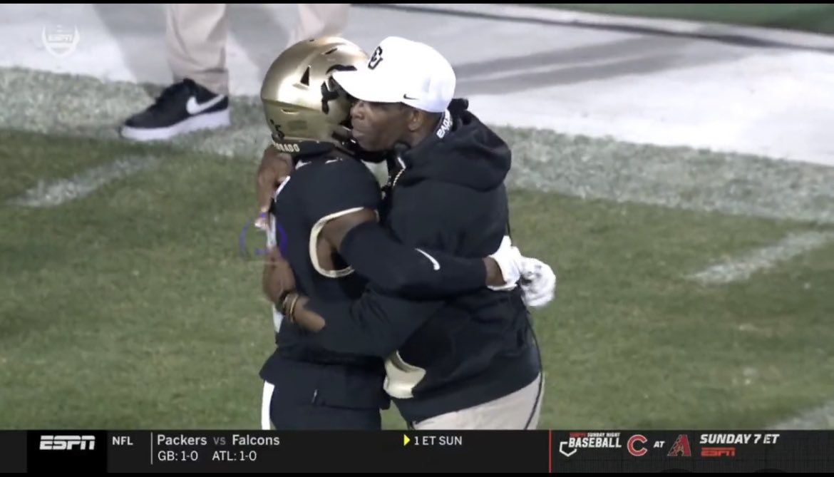 BenjaminSWatson's tweet image. Coach Prime out here hugging his players after drops. Changing the game. Changing lives.