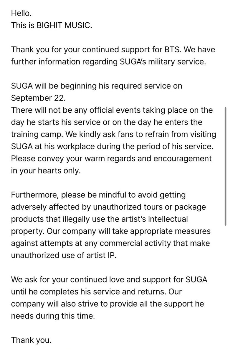 btschartsxdaily's tweet photo. [Weverse] SUGA's military service.

SUGA will be beginning his required service on September 22. https://t.co/7KftXC45Y3