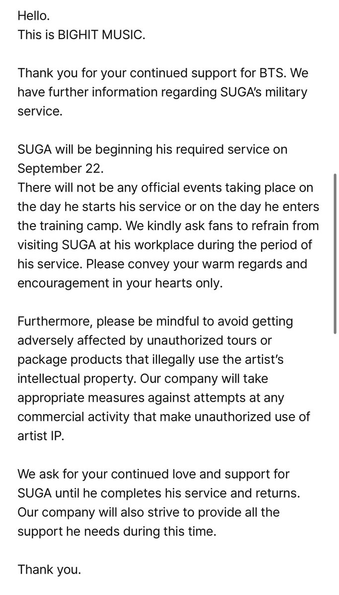 SUGAJelly9339's tweet photo. SUGA will be beginning his required service on September 22.

Why just kill me directly 😭😭😭 https://t.co/dwj5m23Shq