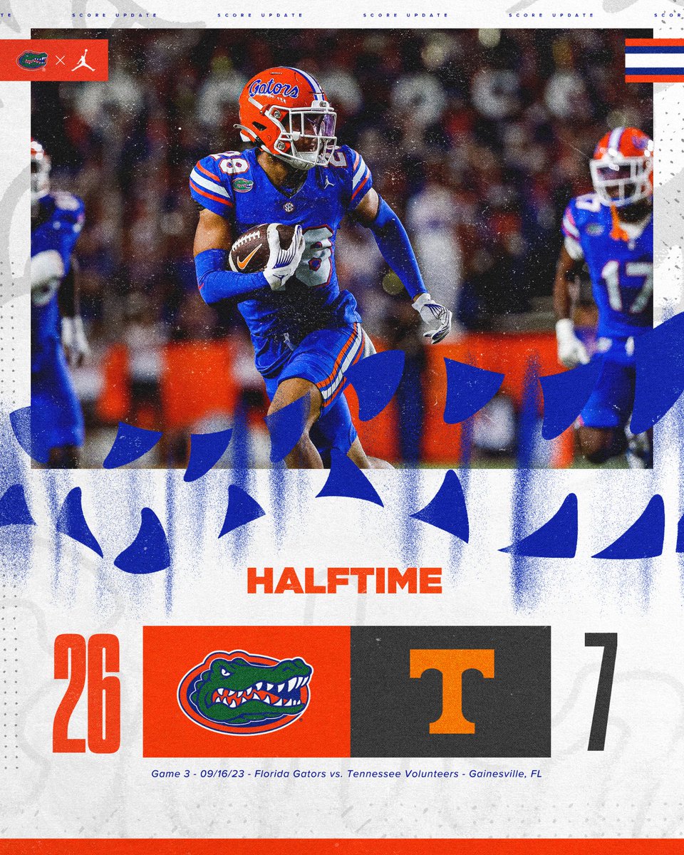 GatorsFB's tweet photo. End of the first half! Gators lead 26-7! #GoGators https://t.co/te7m5DGN07