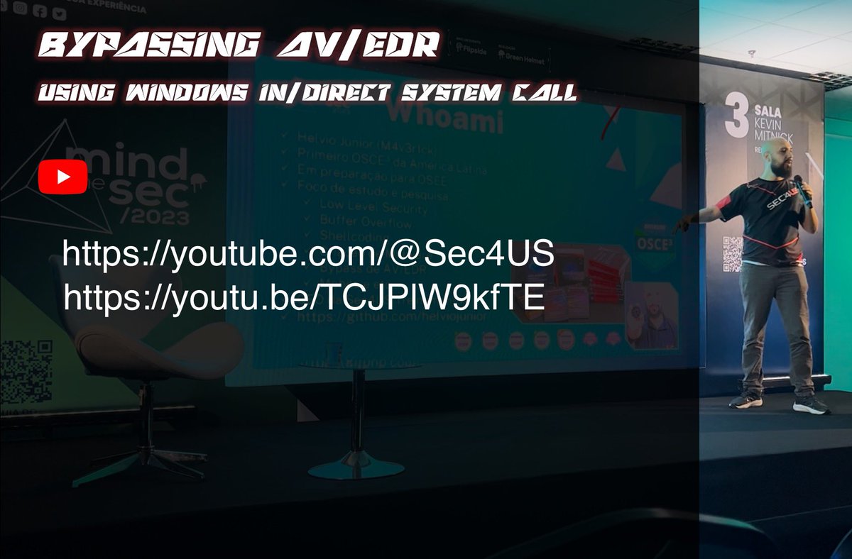 “Using Windows In/Direct System call to bypass AV/EDR“. Nossa palestra realizada no MindTheSec 2023 já está disponível em nosso canal no YouTube. #sec4us #bypassedr #avbypass #lowlevel