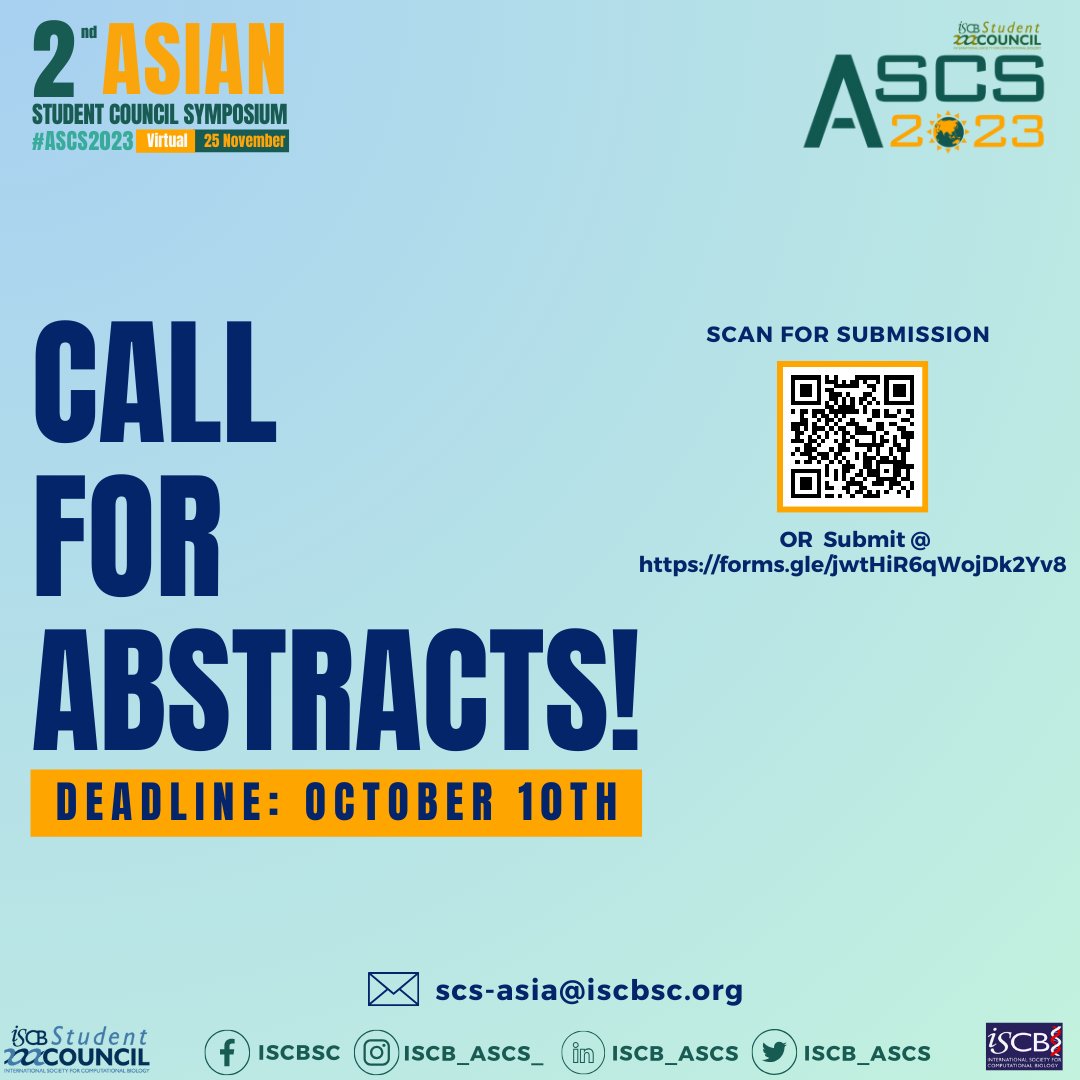 📢 Call for Abstracts Now Open! 

📝Share your research with the world at #ASCS2023 by October 10, 2023 (23:59 UTC+0)

Submit your abstract here: forms.gle/jwtHiR6qWojDk2…

<a href="/iscb_scs/">ISCB Student Council Symposium 2025</a> <a href="/iscb/">ISCB News</a>  #Bioinformatics #ComputationalBiology #VirtualSymposium #CallForAbstract #ASCS2023
