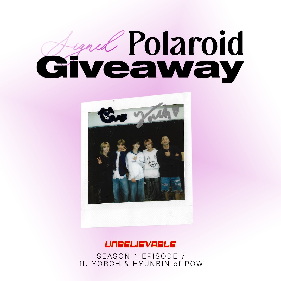 Special Giveaway 🎁
Thanks for joining this week’s UNBELIEVABLE with YORCH &amp; HYUNBIN of <a href="/POW_grid/">POW</a>!

Visit the link for a chance to win a signed polaroid 📸
gleam.io/gSLqi/unbeliev…

<a href="/WayV_official/">WayV</a>
#YORCH #HYUNBIN #POW #TEN #YANGYANG #WayV #HEEJUN #UNBELIEVABLEShow #DIVEStudios