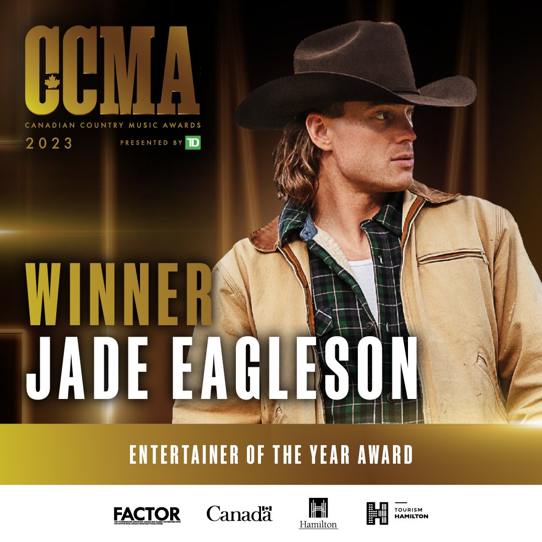 The 2023 CCMA Awards presented by <a href="/td_canada/">TD (Canada)</a> winner for Entertainer of the Year Award is <a href="/jadeeagleson/">Jade Eagleson</a>! Congratulations! #CCMAs #CCMAAwards