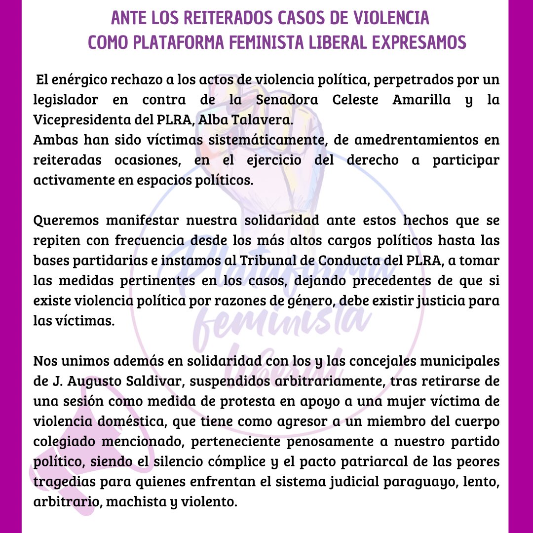 femliberalpy's tweet photo. 🟣🔵COMUNICADO A LA OPINIÓN PÚBLICA 📣
📍En solidaridad con la Senadora Celeste Amarilla, la Vicepresidenta Alba Talavera, las y los concejales de J. Augusto Saldivar suspendidos.
#BastaDeViolencias #ProtocoloYA
#NoSinMujeres #sitocanaunarespondemostodas💜 https://t.co/QUpU0n0THz