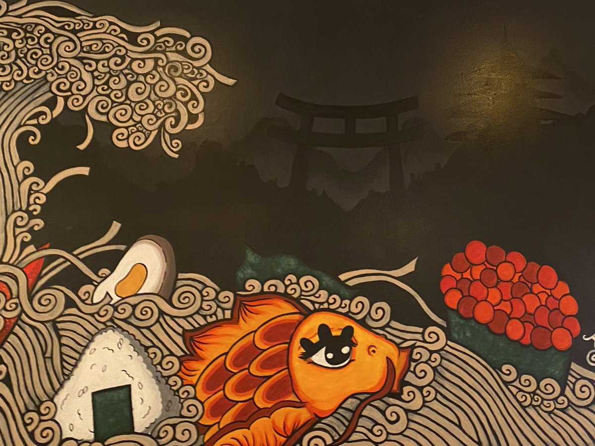 Arnfden0's tweet image. There is a very lovely Ramen 🍜 Shop in my city and it sports this beautifully sick painting 🖼️. It’s such good art! 

It was floored when I realized that there was a faint background landscape. It’s just really somber if you know about symbols. #hubcity #centralNJ
