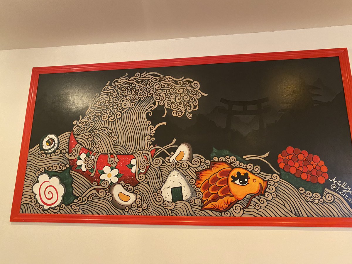Arnfden0's tweet image. There is a very lovely Ramen 🍜 Shop in my city and it sports this beautifully sick painting 🖼️. It’s such good art! 

It was floored when I realized that there was a faint background landscape. It’s just really somber if you know about symbols. #hubcity #centralNJ