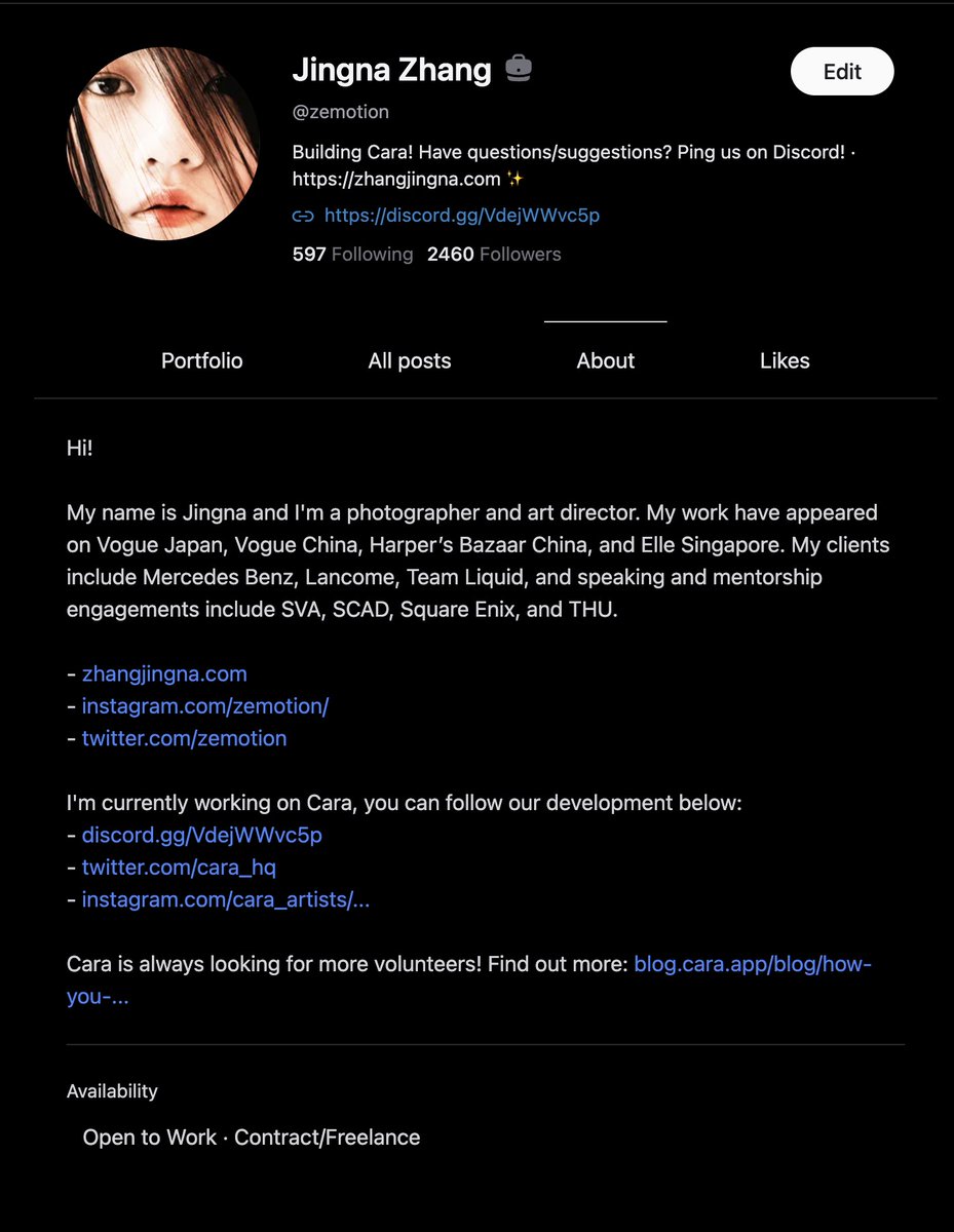 Cara_HQ's tweet photo. Major Cara update! 🥳 
1. You can now add an About page to your profile! Could be your bio, resume, or simply work availability status (this will be searchable later!) https://t.co/Mjr8MmIwj2