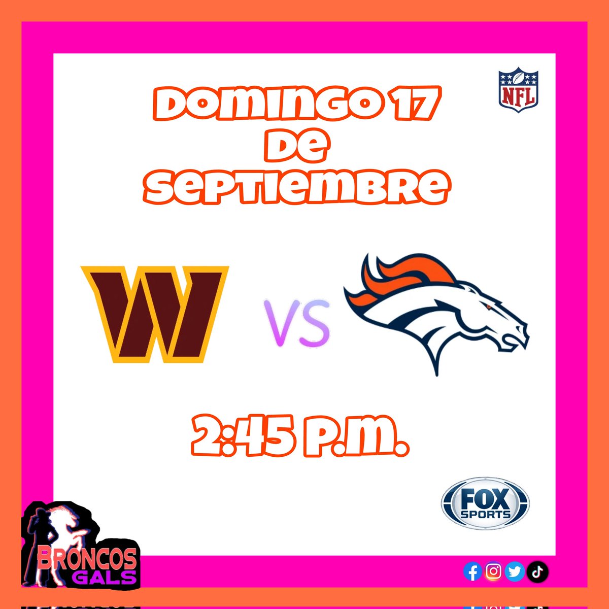 BroncosGals's tweet image. ¡¡¡ #BroncosCountry todos listos para el juego #WASvsDEN !!!
Domingo 17 de septiembre 2:45 p.m. por @FOXSports @NFLonFOX
#MéxicoEsBroncosCountry 🧡💙