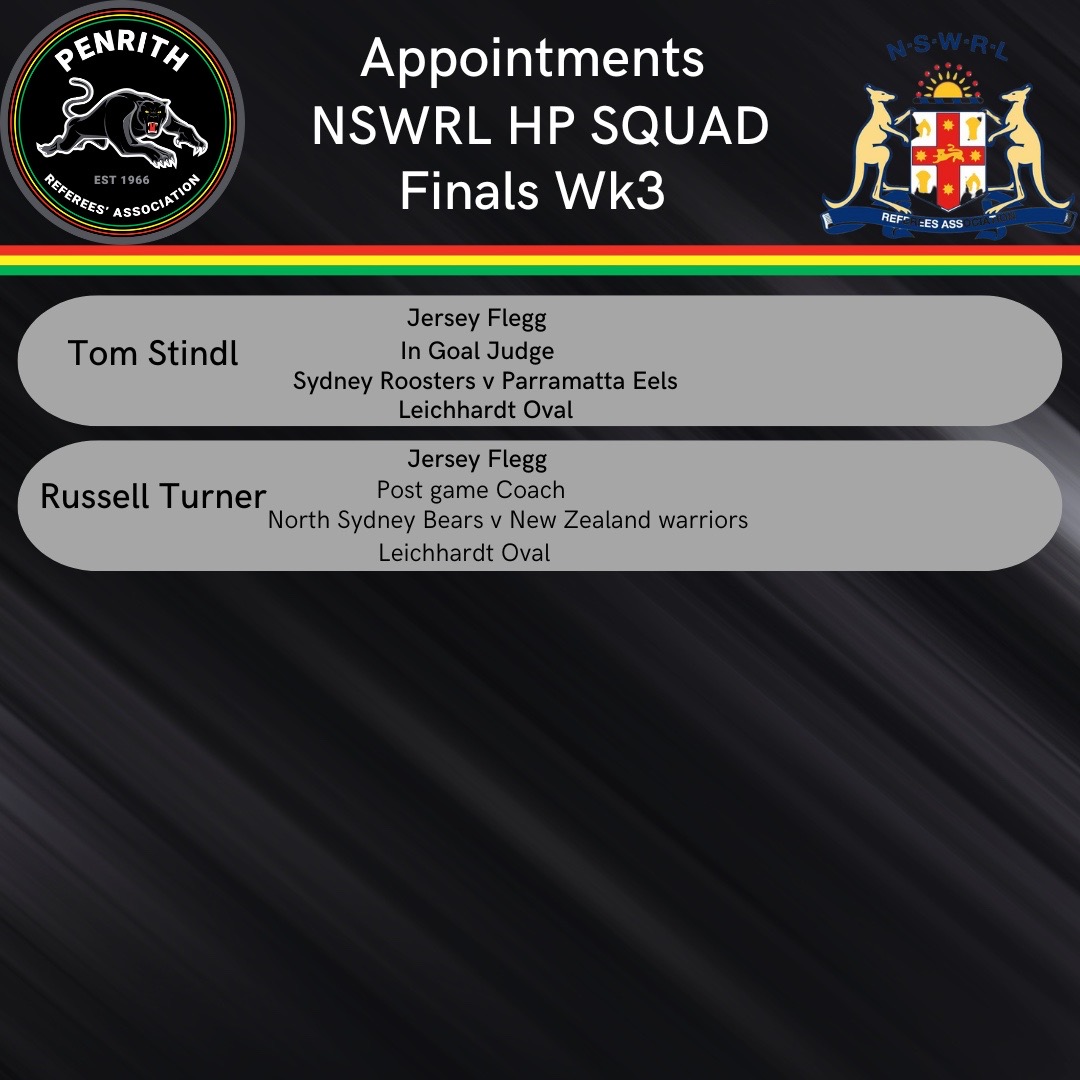 penrithreferees's tweet photo. Appointments Alert HP Squad Finals Week 3&amp; NRL Finals Week 2!

Congratulations to all members running this weekend! https://t.co/0hoC1r9bHX