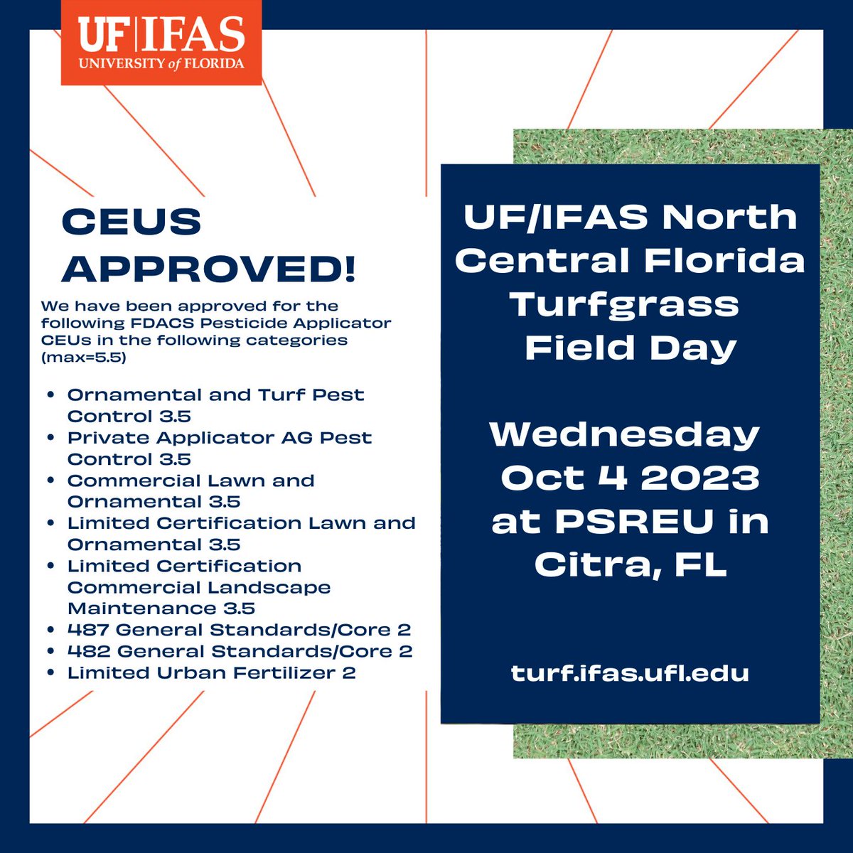 jkkruse's tweet photo. Attention turfgrass professionals! Don't miss the 2023 UF/IFAS North Central Florida Turfgrass Field Day on Oct. 4th. Elevate your expertise, earn Pesticide CEUs, and connect with industry leaders. Register today: https://t.co/H5bnd4aTWS #TurfgrassFieldDay #UFIFAS #CEUs https://t.co/ubLPh45pam
