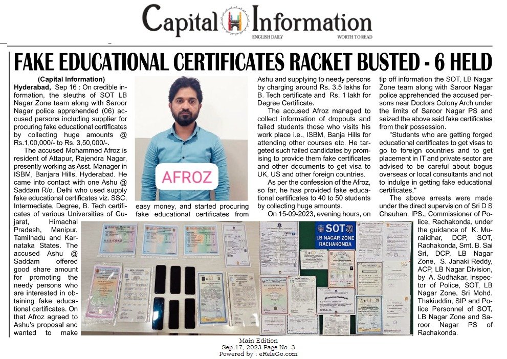 The sleuths of #SOT_LBNagar Zone team along with @Saroornagarps Police busted a #FakeEducational certificates racket – (06) held, #seized (64) fake educational certificates of various universities. @TelanganaCOPs @DCPLBNagar @AcpLbNagar