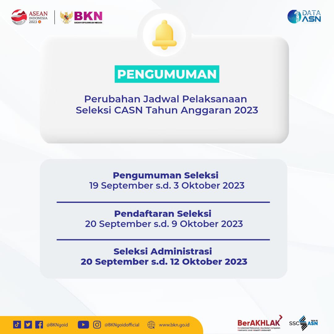 BKNgoid's tweet image. Untuk #SobatBKN ada perubahan jadwal terkait pelaksanaan seleksi CASN T.A. 2023 ya.

Selengkapnya silakan cek tautan berikut s.id/PerubahanJadwa…

#SatuDataASN
#ASNNetral