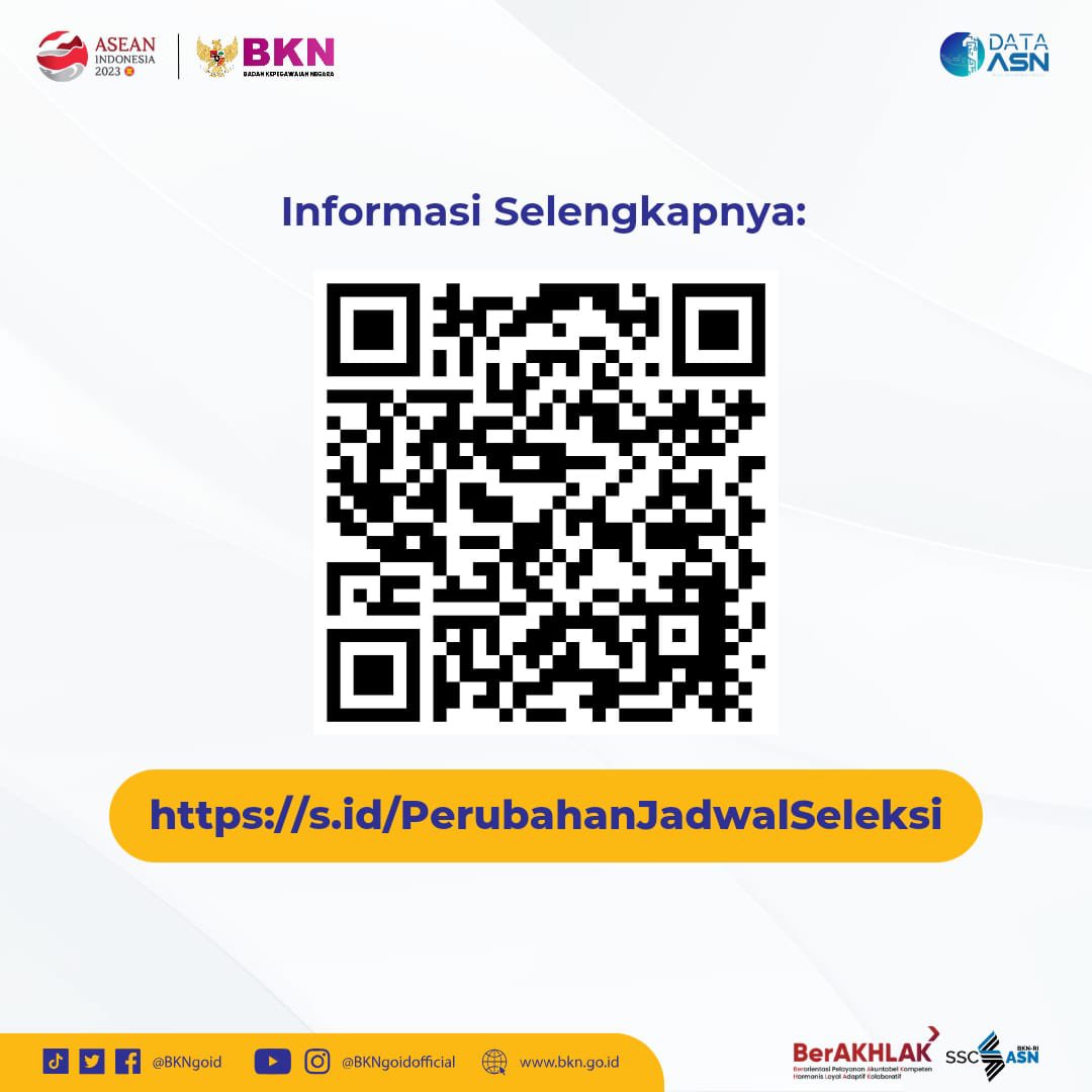 BKNgoid's tweet image. Untuk #SobatBKN ada perubahan jadwal terkait pelaksanaan seleksi CASN T.A. 2023 ya.

Selengkapnya silakan cek tautan berikut s.id/PerubahanJadwa…

#SatuDataASN
#ASNNetral