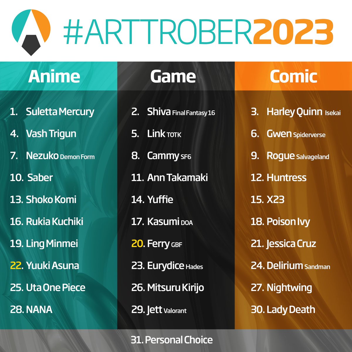 Artgerm's tweet photo. Updated my #arttrober2023 list on day 20&amp;22 so please take note. Hope you’ve already started prepping for it as I do. Can’t wait to see your art! :) https://t.co/zjCdfefazJ