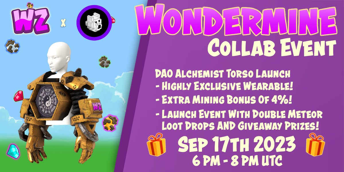 WonderZoneGames's tweet photo. Join us tomorrow for a new 2X Loot Drop event!

Level 100+ players can craft the new DAO Alchemist Torso, which gives bonuses in both WonderMine and  @MetaGamiMall !

We'll also give away one -- plus 99 other wearables -- to lucky meteor miners!

https://t.co/pr4fRyzhzP https://t.co/B2hypGxyvi