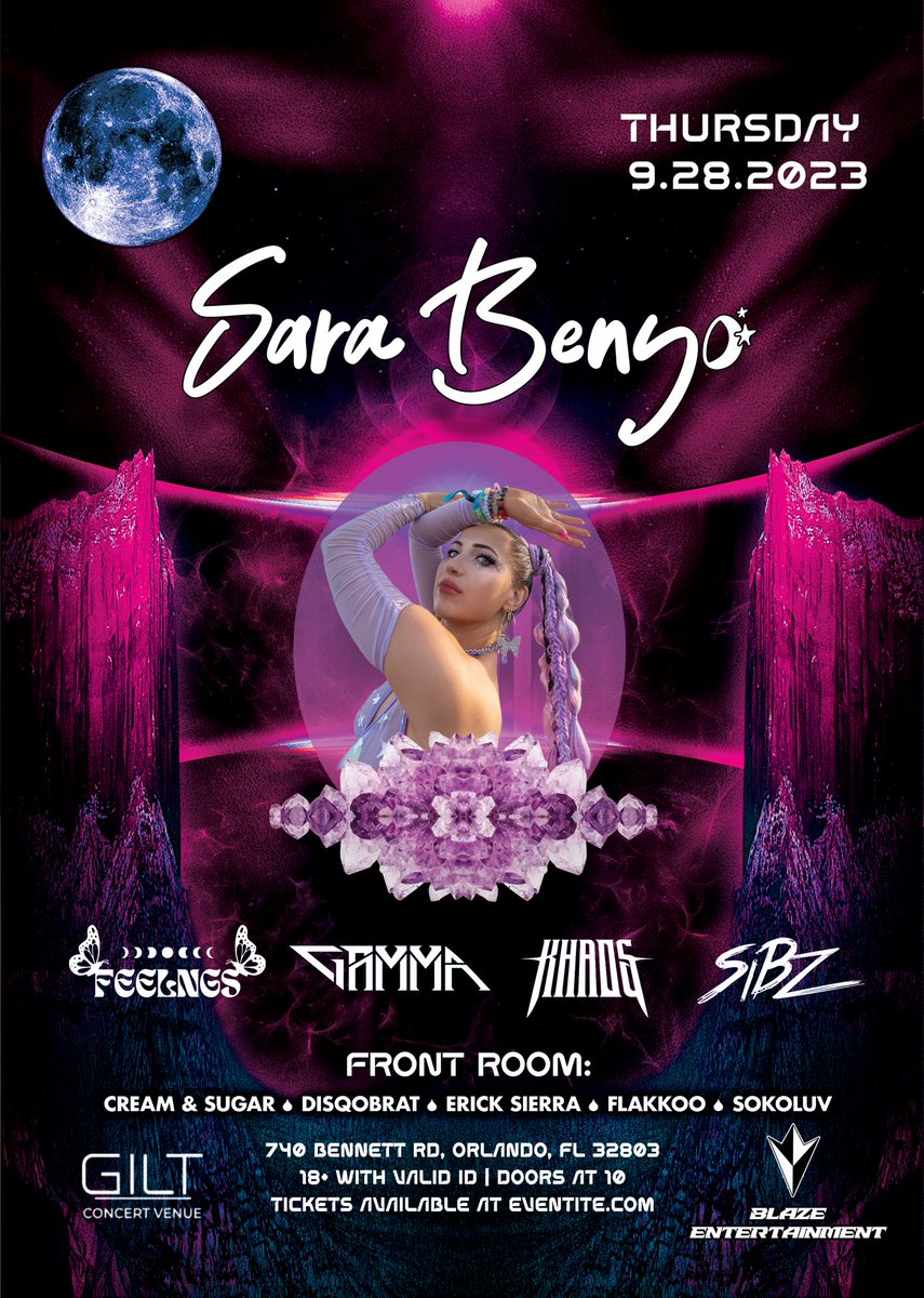 BlazeEntmt's tweet photo. 🌙 Thursday, 9.28.2023 at @gilt_nightclub in Orlando, FL- Blaze Entertainment brings you Sara Benyo with Khaos, Feelngs, Gamma b2b Sibz on the main stage and Cream &amp; Sugar, Disqobrat, Erick Sierra, Flakkoo plus Sokoluv in the front room 🔥 🎟️ 🔗 in bio https://t.co/htXTgA7rBd