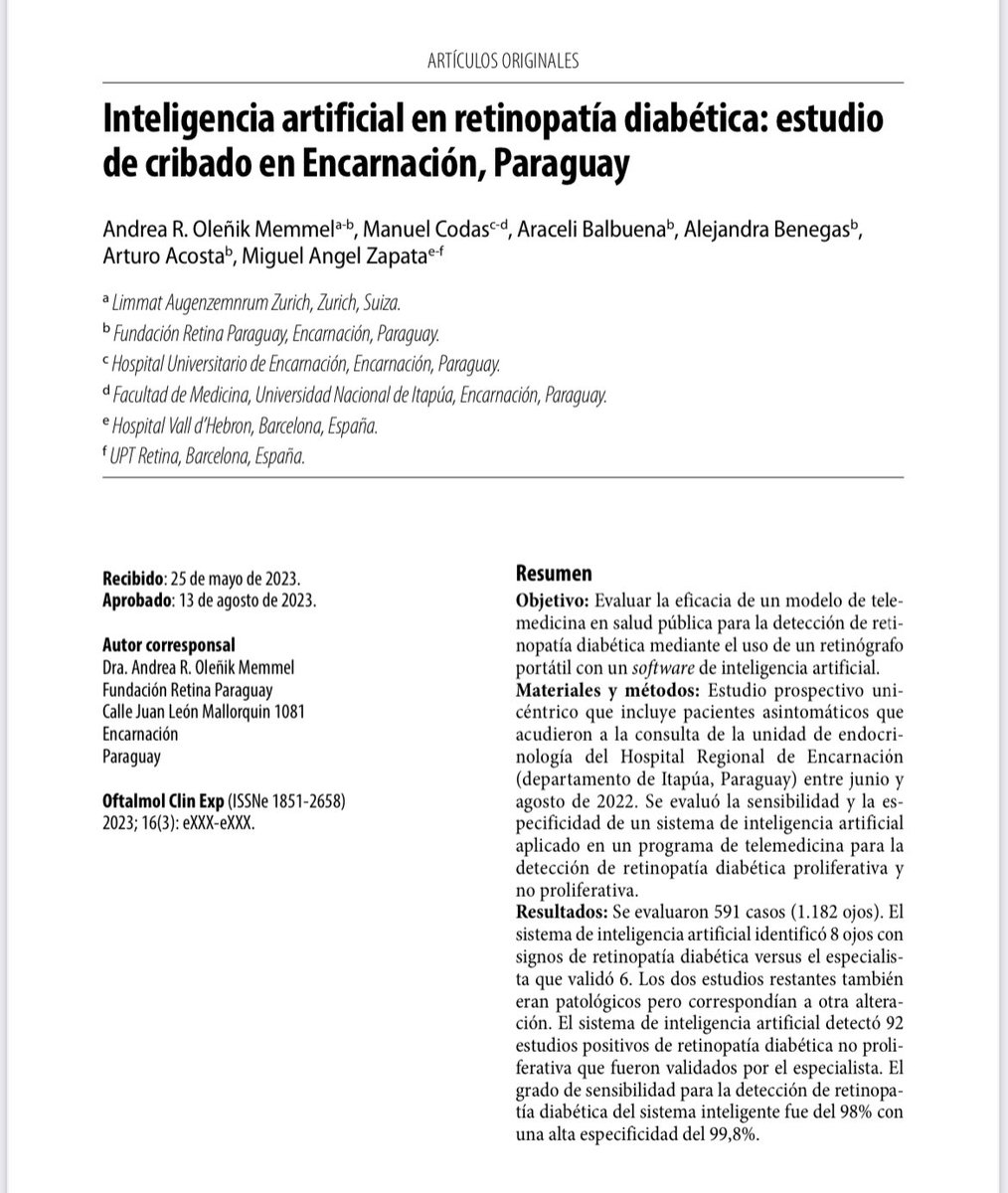 MemmelAndrea's tweet photo. Estamos muy contentos de compartir con ustedes este estudio realizado con #InteligenciaArtificial para optimizar el #cribado de la #diabetes. #nomasceguerasevitables. @ParaguayRetina https://t.co/ZRWv69CxA8