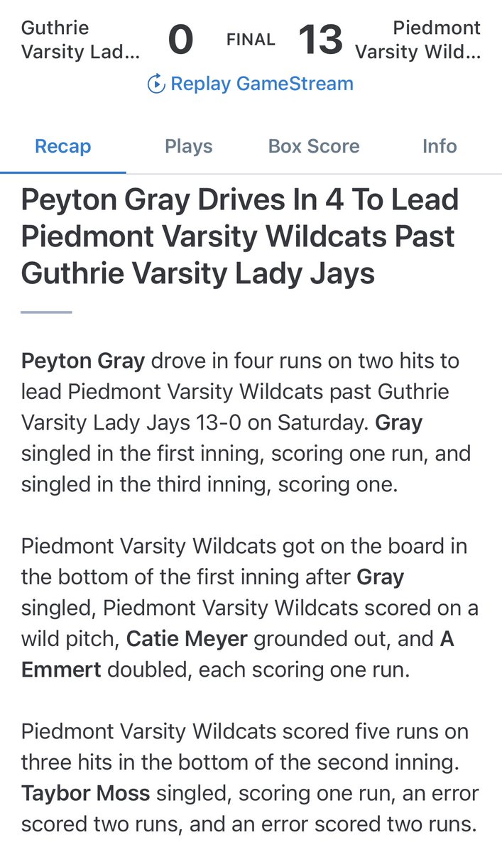 cat_softball's tweet photo. Game 24 Recap

Piedmont 13-Guthrie 0

@Addison_U06: 3 IP, 4H, 0ER, 2BB, 3Ks
@tylar_short02:2BB, 1SB
@TayborMoss: 1 for 1, 1RBI, 2BB
@p_schibbelhute: 1 for 1, 2BB
Gray: 2 for 3,4RBIs
@addison_cassady: 1 for 3, 2B, 3RBIs
@cmeyer_07: 1 for 2, 1RBI
@AshlynEmmert26: 1 for 2, 2B, 1RBI https://t.co/yw7iDiwjL8