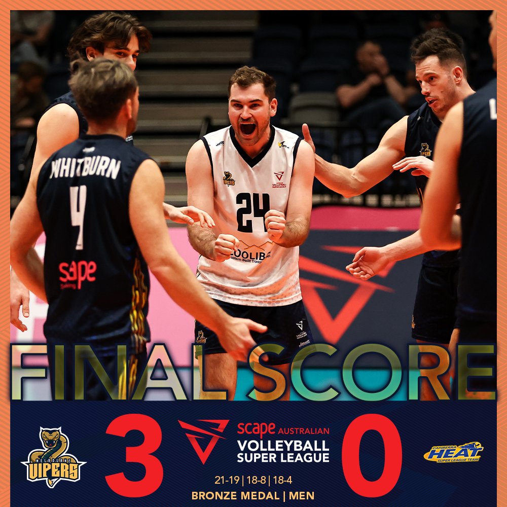ausvolley's tweet image. 🥉 The Vipers take away a pair of bronze medals from the 2023 Scape Australian Volleyball Super League, with the men emulating the performance of the women with victory in the third place playoff 🙌

Vipers d Heat 3:0 (21-19, 18-8, 18-4)

#AVSL #Volleyball #IndoorVolleyball

📸