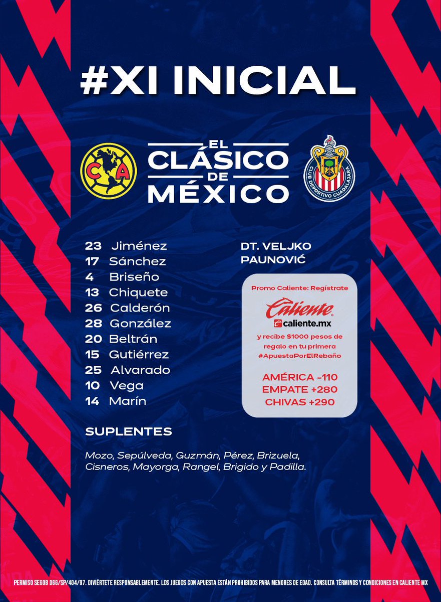 🔴⚪️  ¡ESTA ES LA ALINEACIÓN DEL GUADALAJARA QUE DARÁ TODO POR EL TRIUNFO EN #ELCLÁSICODEMÉXICO!  ⚪️🔴

¡DALEEEE, CHIVAAAAS! 💪

#ApuestaPorElRebaño en <a href="/calientesports/">Caliente Sports</a> 🔥📲
👉 bit.ly/2OPgoDq