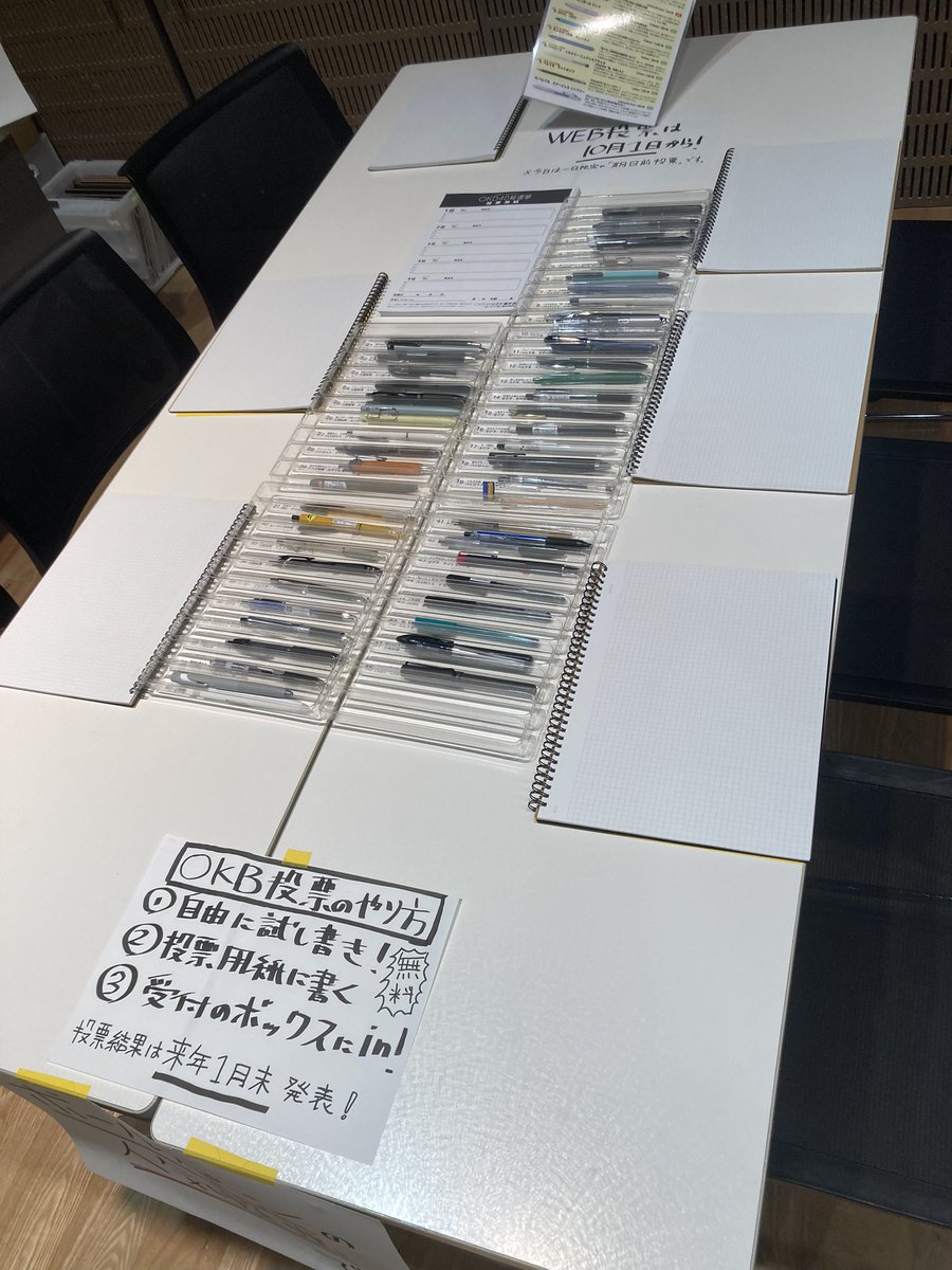 【#OKB48 期日前投票】2023年度の第13回総選挙（10/1開始）の試し書き投票を開催中です（17時半まで）。今回の投票は期日前投票なので正式な票としてカウントされます。新メンバーが気になる方はぜひお越しください。#文具マーケット 会場（浅草橋ヒューリックホール）まで！