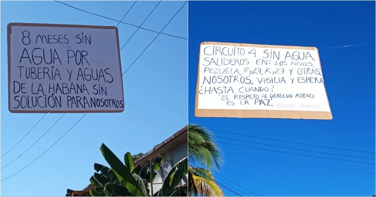 _NOALCOMUNISMO's tweet photo. Vecinos cuelgan carteles de protesta tras "ocho meses sin agua en La Habana, Cuba"
LAS MARAVILLAS DEL SISTEMA COMUNISTA ! ! !  
¿ESTO ES LO QUE DESEAS PARA TU PAÍS?
Vecinos de Cojímar piden soluciones a las autoridades.
Vecinos del municipio habanero de Cojímar colgaron carteles de protesta tras 8 meses sin agua corriente.

Las imágenes de los dos carteles, que se ven colgados en el tendido eléctrico, fueron difundidas por el usuario de X @Morroapagado, quien precisó que se trata de “26/k y Linderos, Cojímar”

“8 meses sin agua por tubería y Agua de La Habana sin solución para nosotros”, se lee en ujno de los cárteles.

El otro precisa que “Circuito 4 sin agua. Salideros en Los Pinos y Pezuela, F y 27, K y 27 y otras. Nosotros, vigilia y espera ¿Hasta cuándo? El respeto al derecho ajeno es la paz. Benito Juárez”.

Las protestas en Cuba continúan ocurriendo a pesar de la represión del régimen.

En agosto pasado, varias familias cerraron una calle de La Habana en la noche del lunes como protesta por las filtraciones y el pésimo estado constructivo del edificio donde viven.

El hecho ocurrió en la calle Figuras, entre Monte y Tenerife, Centro Habana, donde las personas aseguran que solo resuelven las cosas cuando protestan.

En julio pasado un grupo de cubanos bloqueó el tráfico en la confluencia de las calles San Lázaro y Belascoaín, en Centro Habana, en protesta por continuos apagones que llevaban sufriendo.