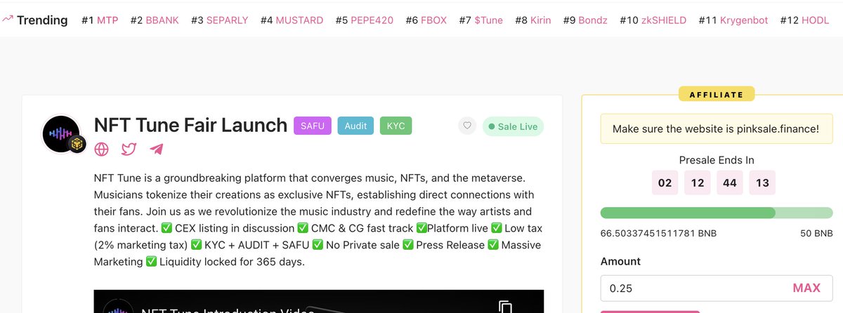 NftTune_Main's tweet image. Presale ending in 61 hours! 66.50 BNB raised!

Trending #7 on @pinkecosystem 
🎧Listed on CMC Dexscan
🎧CEX in discussion
🎧Tier-1 and Tier 2 marketing promos coming. Buy it before it is too late!

➡️➡️➡️Fairlaunch is Live on Pinksale:
pinksale.finance/launchpad/0xf4…
#nft #music #crypto