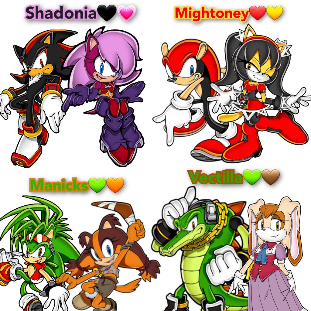 My favorite Sonic Ships Part 1:

1. Sonamy
2. Silvaze
3. Knuxouge 
4. Tailream 
5. Vectilla
6. Shadonia
7. Mightoney
8. Manicks (New ship?🤷‍♂️)

What's your favorite Sonic ship couple? Sonamy is the first favorite and silvaze is the close second in my opinion