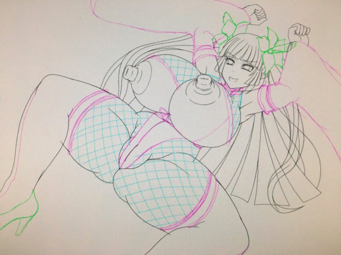 メイカエトランゼちゃんの頭の花、思ったより大きかったので調整。
あと、網のボディタイツの位置をラフ。

組み伏せてるモンスターは、どのタイミングでラフろうか… 