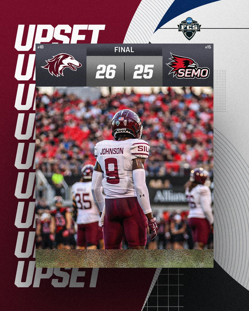 🚨UPSET ALERT🚨

No. 18 <a href="/SIU_Football/">Saluki Football</a> upsets No. 15 <a href="/SEMOfootball/">SEMO Football</a>, 26-25.

#FCS
