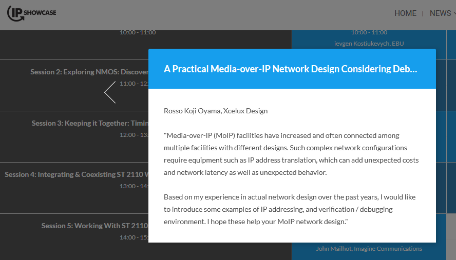 MoIP_Square's tweet image. Rosso Koji is going to make a presentation this afternoon. Come on board🚢! 
#IBC2023 #IBC #IPShowcase #IPShowcaseOnTheWater #RAIAmsterdam

"A Practical Media-over-IP Network Design Considering Debuggability and Extensibility"
-- by Rosso Koji Oyama, Xcelux Design, Inc.