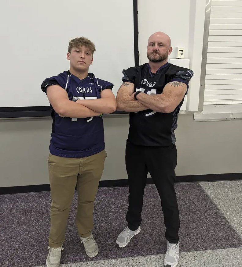 DustinFoutch's tweet photo. I feel blessed everyday to get to work in such an amazing school district.  Struby (Week 4) and T Pate (Week 2) asked me to wear their jersey as part of our football team’s  #impactfriday activity. These guys are my Dudes. #loveyoutoo 🤟 https://t.co/HWLMOrJRC4