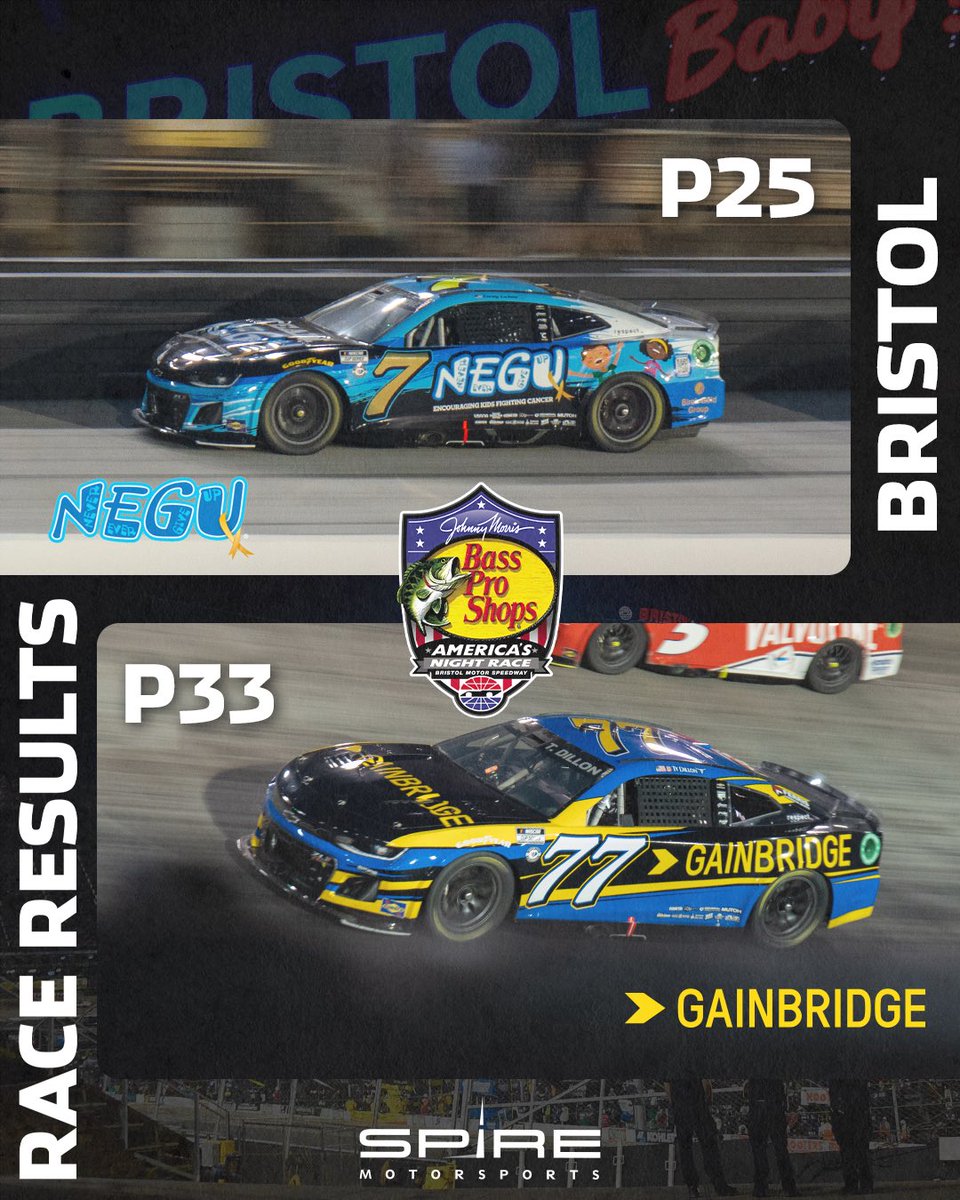 SpireMotorsport's tweet photo. After a hard fought battle and an unfortunate turn of events, @CoreyLaJoie finishes P25 and @tydillon at P33. Chin up, on to Texas. #spiremotorsports #teammegu #gainbridgeracing #nascar #bristol https://t.co/MVUrGj6DEO
