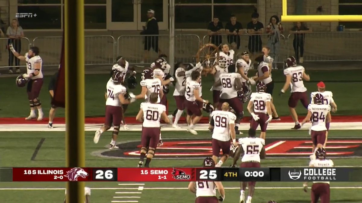 FedEx Ground FCS Game of the Week
War for the Wheel

No. 15 Southern Illinois (3-0) 26, 
No. 13 Southeast Missouri (1-2) 25

SIU QB Nic Baker: 37 of 51, 458 yards, 3 TDs, 2 INTs
Game-winning, 9-yard TD to Izaiah Hartrup at 0:09