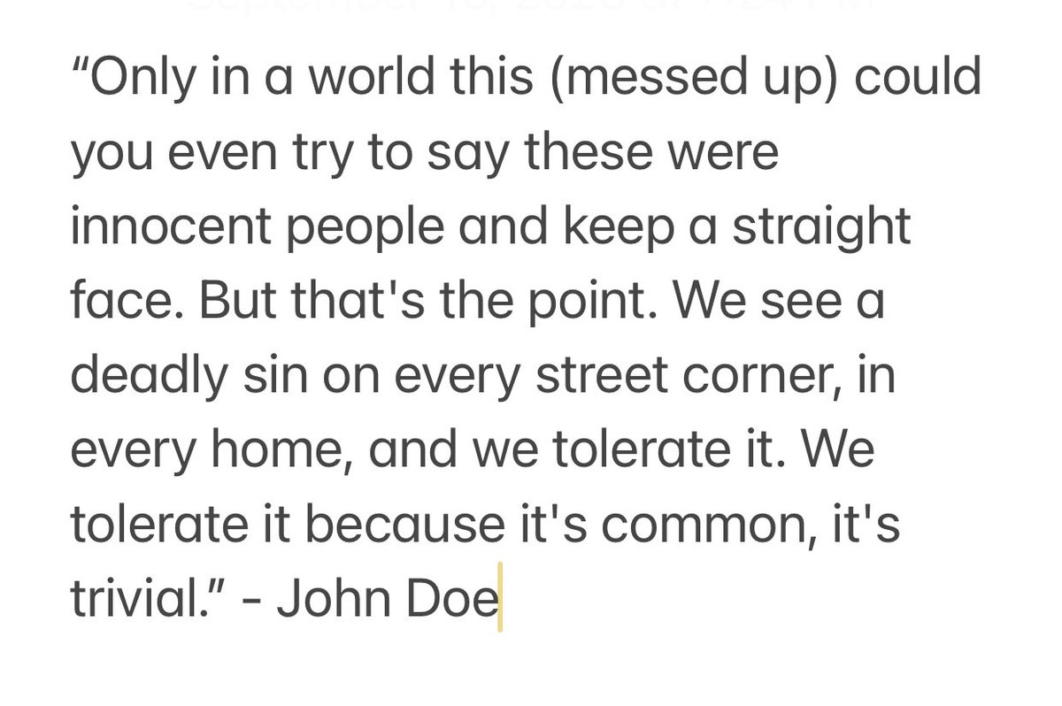 Recently rewatched the movie “Se7en” for the 1st time in years. It’s rare to find films w/ such a biblical outlook on human depravity. Made me wonder if the writer was a believer. The final 15 minutes are masterfully written &amp; performed. This quote from the killer stood out: