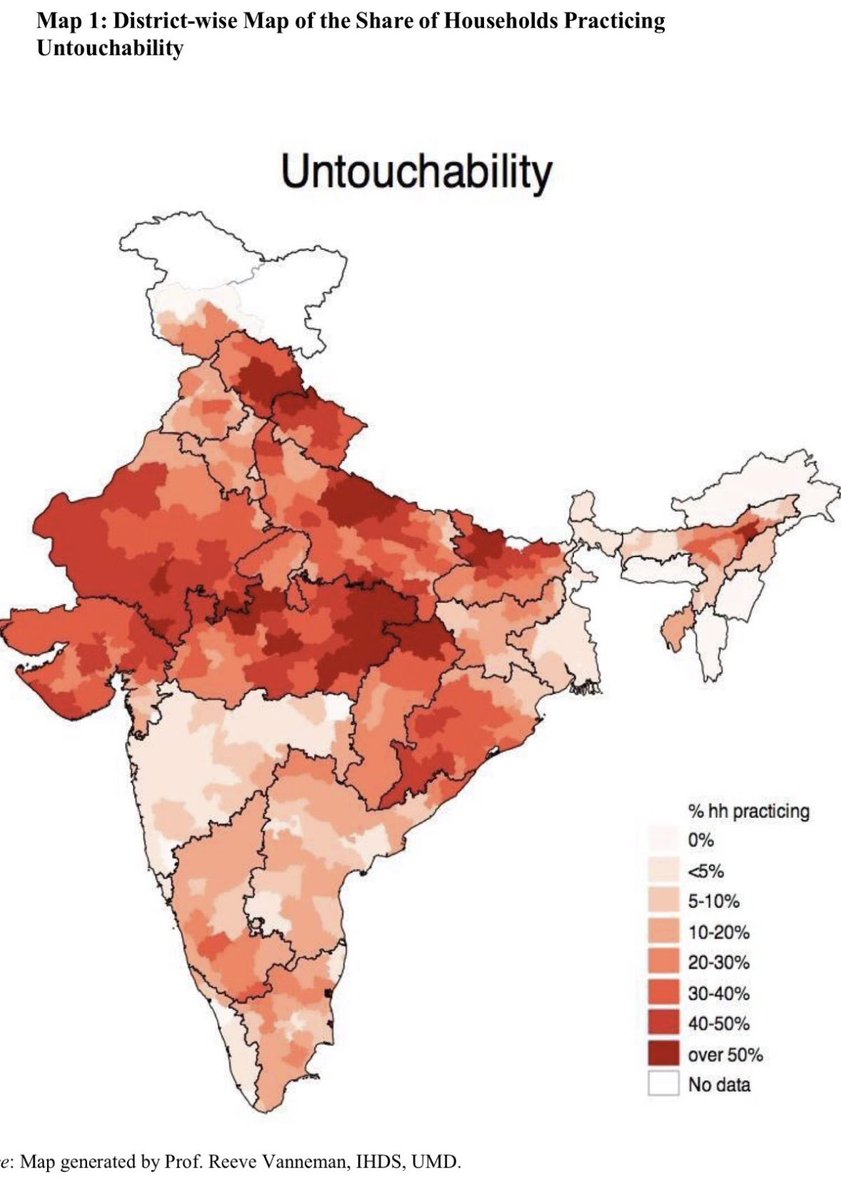 Untouchability across India (from paper by Amit Thorat & Omkar Joshi). It’s virtually gone in some states &, sadly, very prevalent in some others. One hopes the latter will learn from the former.