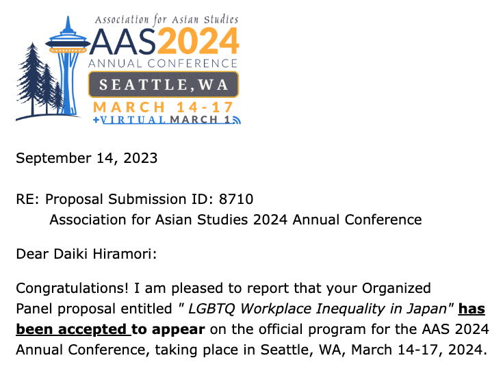院生時代に7年いたシアトルで来年3月開催のアジア研究学会向けの報告が無事採択されました！
My paper on LGBTQ workplace inequality, included as part of the panel 'Challenging Gender Norms and Gender Inequality in Contemporary Japan' (Chair, Hilary Holbrow), got accepted for #AAS2024!
