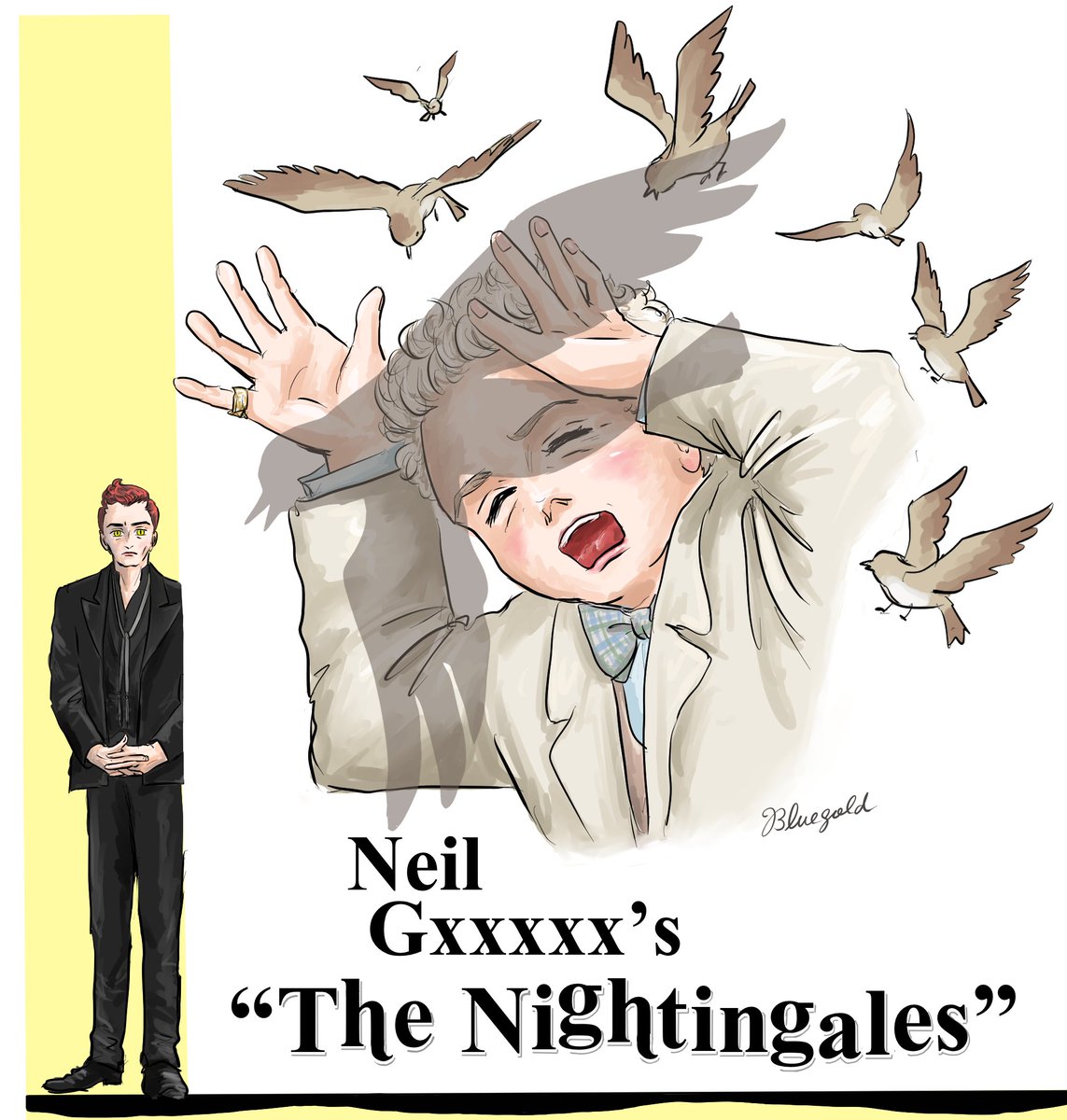 襲い来るナイチンゲール！
👼分かった分かった！今ちゃんと次のために動いてるから！クロウリーを諦めるわけないだろう！痛たたた！分かってるよ 出来るだけ急ぐから！！
（ヒッチコックパロディ）
#GoodOmensFanArt
#GoodOmens2
#nightingale