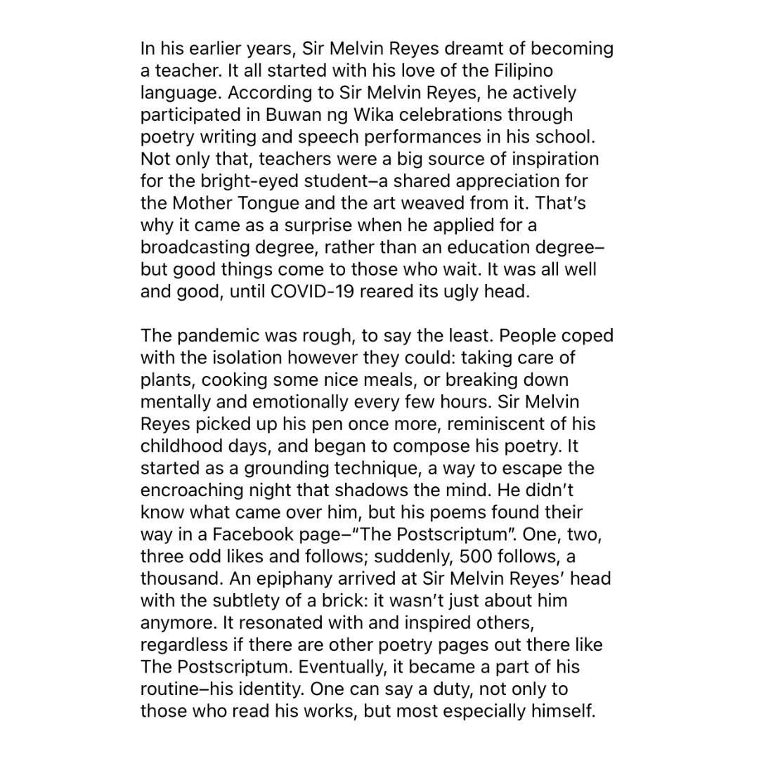 TPScriptum's tweet photo. Thank you iCommuniqué. 🥹😭✨
Thank you Sebastian Perez for this article. ✨🧡

Makatagpo sana tayo ng payapa at paghilom sa mga tula at sa kahit anong likhang sining. https://t.co/anMs1CPLH3