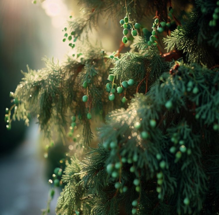 JourneyT0TheSon's tweet photo. Juniper tree with green berries scattered throughout the tree having its needles and fruit glistening in the morning sun rays on the morning walk #JuniperTree #GreenBerries #MorningSunRays @KaiberAI https://t.co/acLhI0g7bd