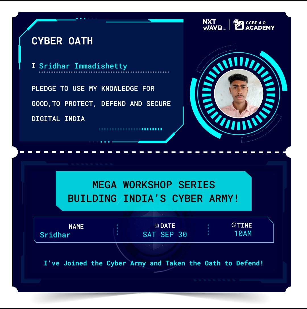 sridharpatel654's tweet photo. π’Pass! to the awaited "Mega Workshop Series Building Indias Cyber Army"
Feeling anticipationπ to be present at for this insightful workshop with @nxtwave_tech
Thankyou π€..
@rahulattuluri
@ethicalhacking
@cyberarmy
#ethicalhackingMegaWorkshop
@nxtwave_tech
#nxtwave_team #ccbp https://t.co/m07U8Mp4ay